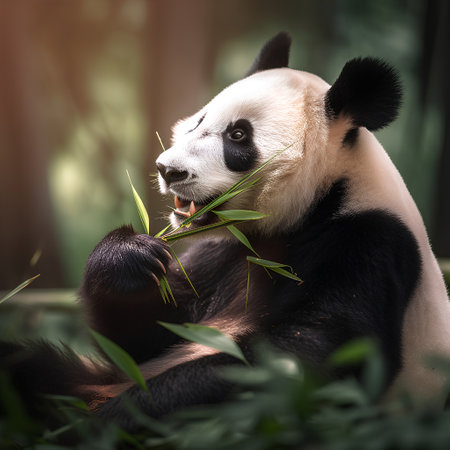 Portrait of giant panda eating bamboo in bamboo forest. Panda bear eating bamboo.の素材