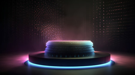 Podium, pedestal or platform illuminated with neon lights. 3d renderingの素材