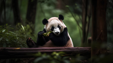 Giant panda sitting on a log and eating bamboo leaves.の素材