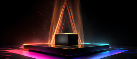 3d render, abstract background, neon light, podium, pedestalの素材