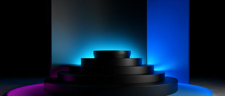 3D render of podium in dark room with blue and violet lightsの素材