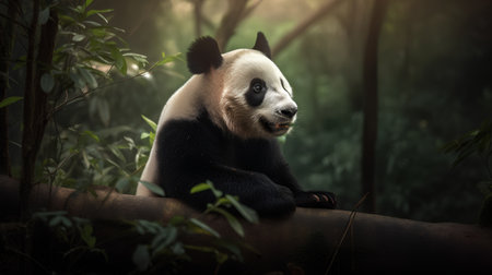 Panda sitting on the tree in the jungle. Giant pandaの素材