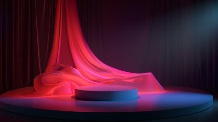 Stage podium with lighting, Stage Podium Scene with for Award Ceremony on red curtain background. Vector illustrationの素材