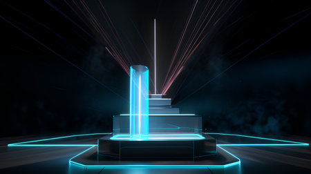 Futuristic podium with glowing neon lines. 3D Renderingの素材
