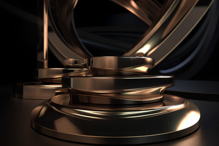 3d render of golden podium with pedestal on black background.の素材