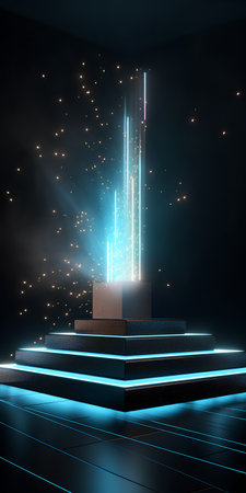 Stage podium with lighting, Stage Podium Scene with for Award Ceremony on blue Background, 3d renderの素材