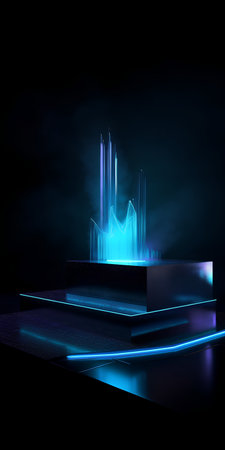 Podium, pedestal or platform illuminated by neon lights. 3D renderingの素材