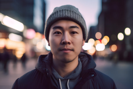 Portrait of a young asian man in the city at nightの素材