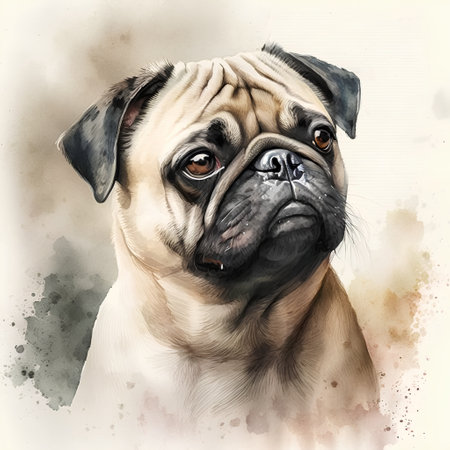 Portrait of a pug dog. Digital watercolor painting.の素材
