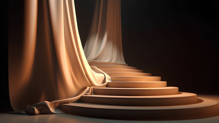 Curtain and stairs on dark background. 3d render illustration.の素材