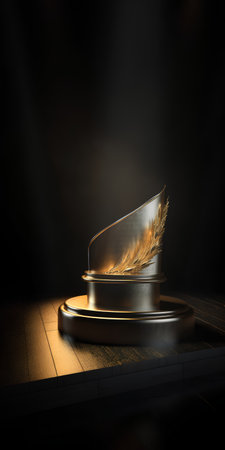 3d render of podium with golden feather on black background. Award ceremony conceptの素材