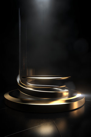 Golden podium illuminated by spotlights on dark background. 3d renderの素材