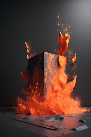 3d illustration of black and white box with fire on dark backgroundの素材