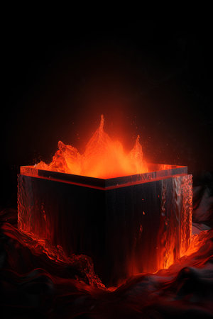 3D illustration of a wooden box with fire and smoke on a black backgroundの素材