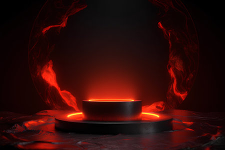 Abstract 3d render of round podium with glowing lights on dark backgroundの素材