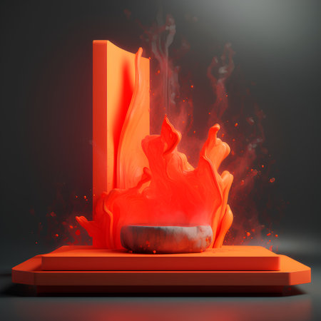 3d illustration of a podium with a stone and fire on a black backgroundの素材