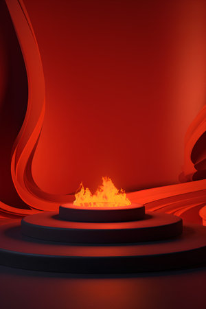Abstract red background with podium and smoke. 3d render illustration.の素材