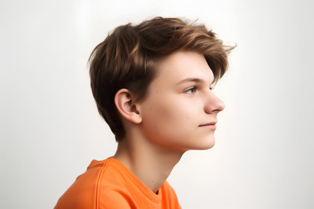 Portrait of a young man in an orange t-shirt.の素材