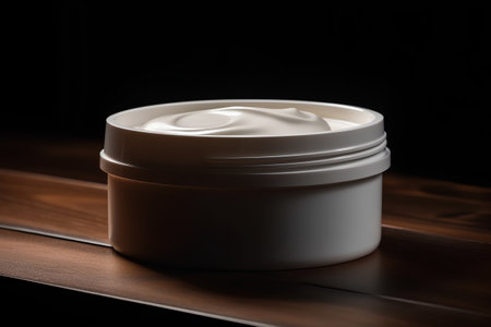 close up of a jar of cream on a wooden table and black backgroundの素材