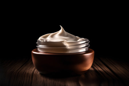 Cosmetic cream in a jar on a wooden table. Dark background.の素材