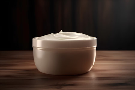 Jar of cream on a wooden table in front of a dark backgroundの素材