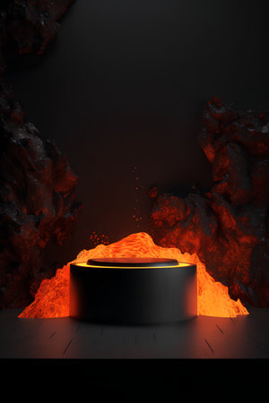3d render, abstract background, black podium with fire and smokeの素材