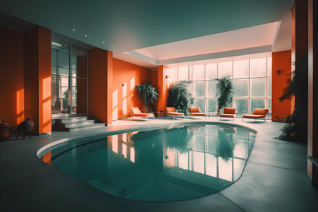 Luxury swimming pool with orange walls. 3d rendering.の素材