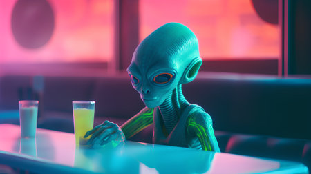 Futuristic robot drinking a cocktail in a bar. 3d renderingの素材