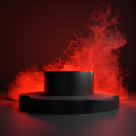 Black podium with smoke and fire on dark background. 3d renderingの素材