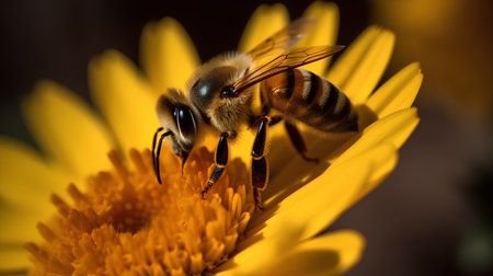 Macro of a bee on a yellow flower. Shallow depth of field.の素材
