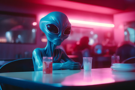 Futuristic alien in a neon cafe. 3d rendering.の素材