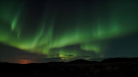 Aurora borealis, northern lights over mountains in Iceland.の素材
