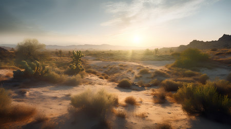 Sunset in the desert with cactuses and sand dunesの素材
