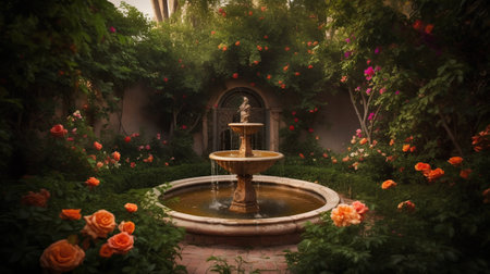 Fountain in the garden at sunset. Colorful roses in the background.の素材