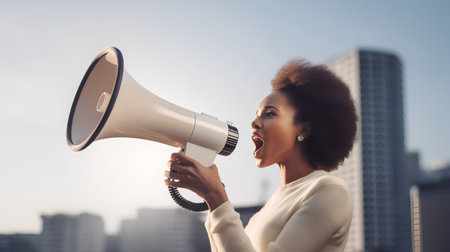 Young african american woman with megaphone on city backgroundの素材