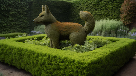 3D rendering of a squirrel made of grass in a garden.の素材