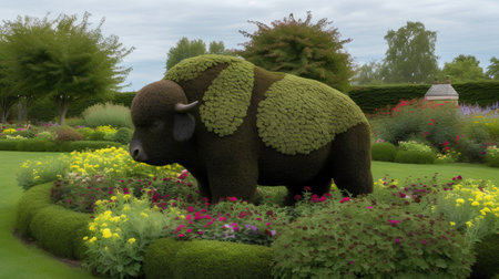 3D render of a giant bison in a flower garden.の素材