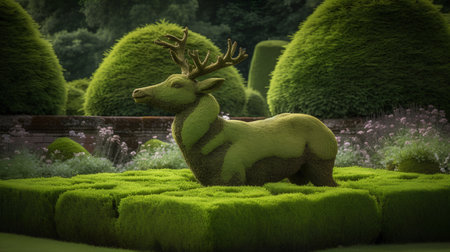3d rendering of a deer made of grass in the garden.の素材