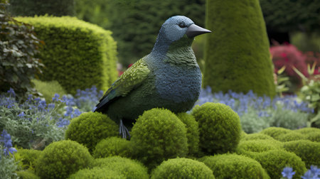 Pigeon sitting on the grass in the garden. Bird sculpture.の素材
