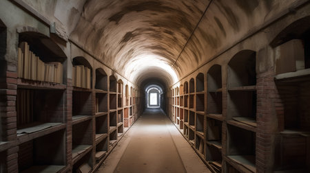Interior of an old hospital corridor with rows of old books.の素材