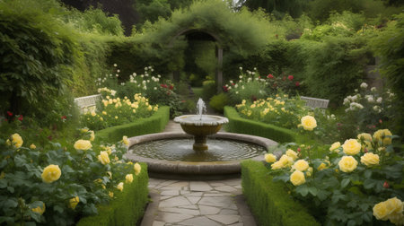 Garden with a fountain in the middle of blooming yellow rosesの素材