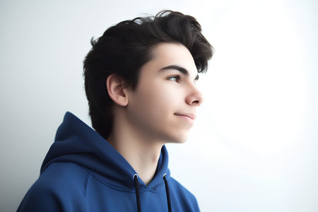 Portrait of a young man in a blue hoodie on a white backgroundの素材