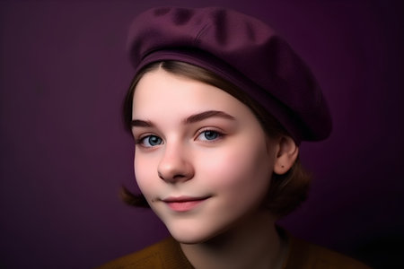 Portrait of a beautiful girl in a beret. Retro style.の素材