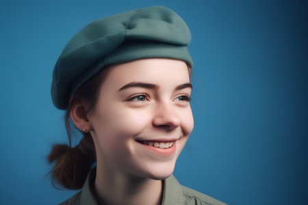 Portrait of a beautiful girl in a beret on a blue backgroundの素材