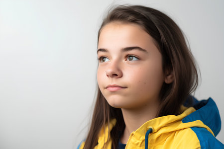 Portrait of a young girl in a yellow jacket on a white backgroundの素材