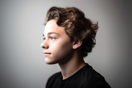 Portrait of a boy with curly hair on a gray background.の素材