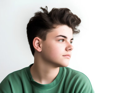 Teenager boy in green t-shirt on a white background.の素材