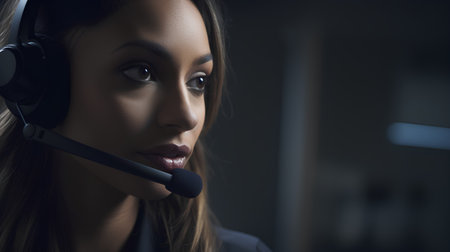 Portrait of beautiful business woman with headset. Call center and customer support.の素材