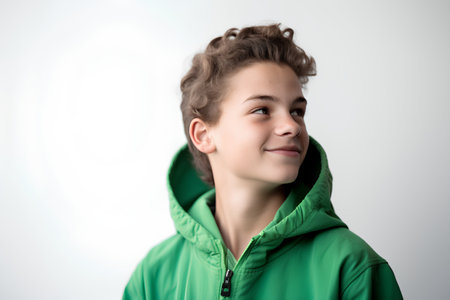 Portrait of a teenage boy in a green jacket on a white backgroundの素材