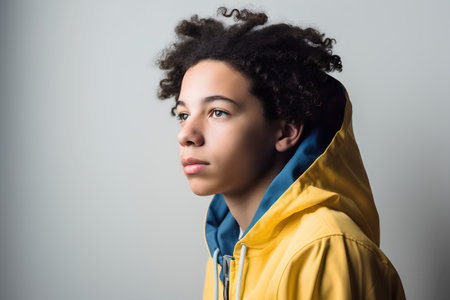 Portrait of a young african american woman in a yellow raincoat.の素材